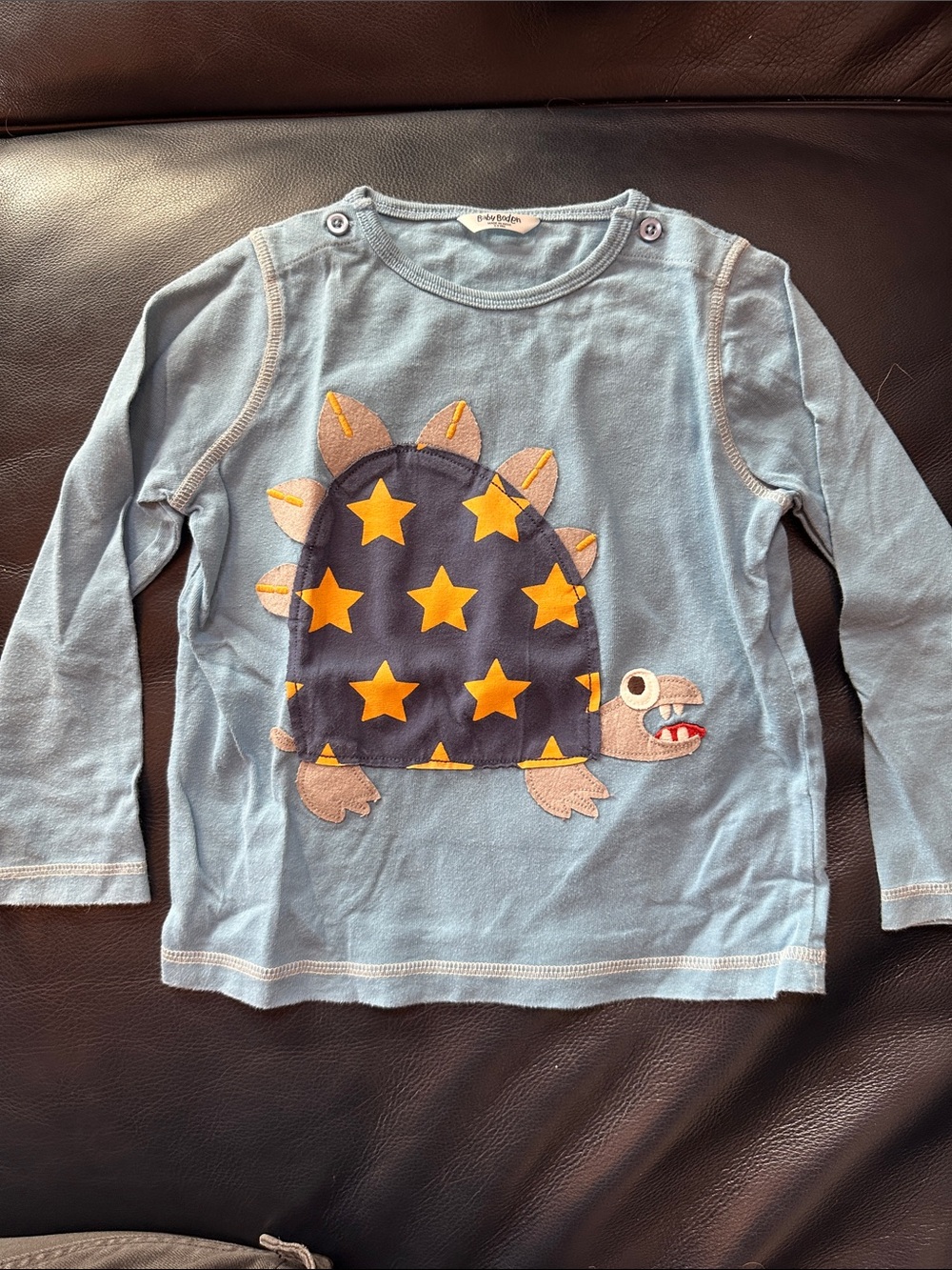 Mini Boden Light Blue Long Sleeve Tee with Navy & Yellow Star Turtle